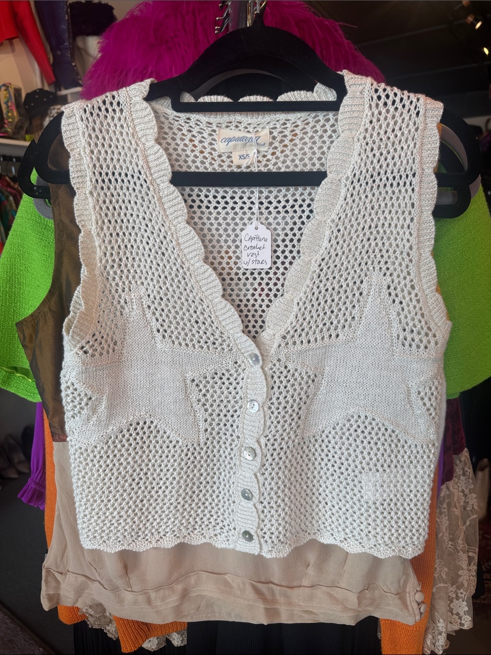 Capittana Cream Crochet Knit Button-Front Sleeveless Top w/Star Detial